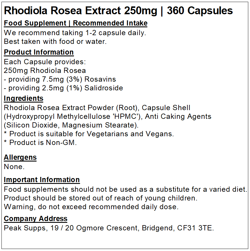 Rhodiola Rosea Extract 250mg Capsules (Pure) 3% Rosavins 1% Salidroside