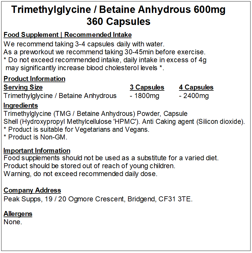 Betaine Anhydrous 600mg / Trimethylglycine (TMG) Capsules