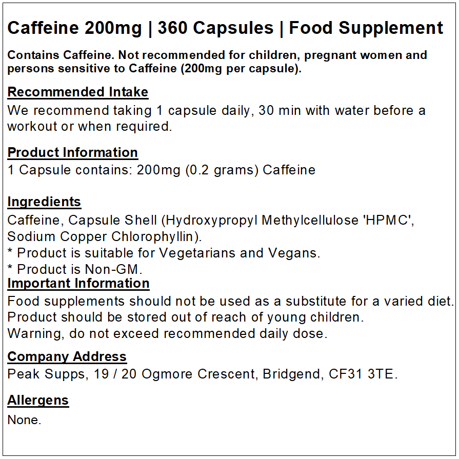 Caffeine 200mg Capsules (Pure)