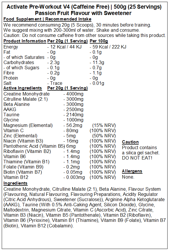 Activate Pre Workout v4 (Caffeine & Stimulant Free)