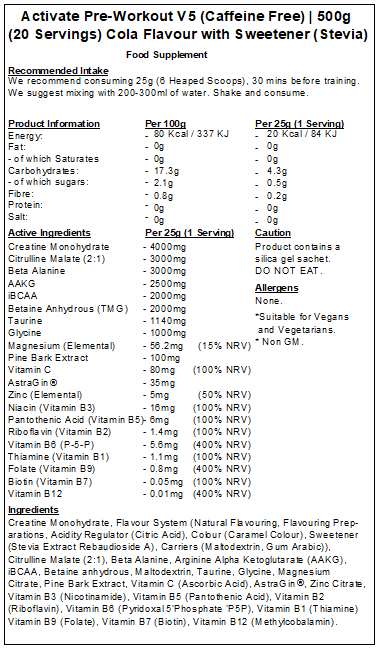 Activate Pre Workout v5 (Caffeine & Stimulant Free)