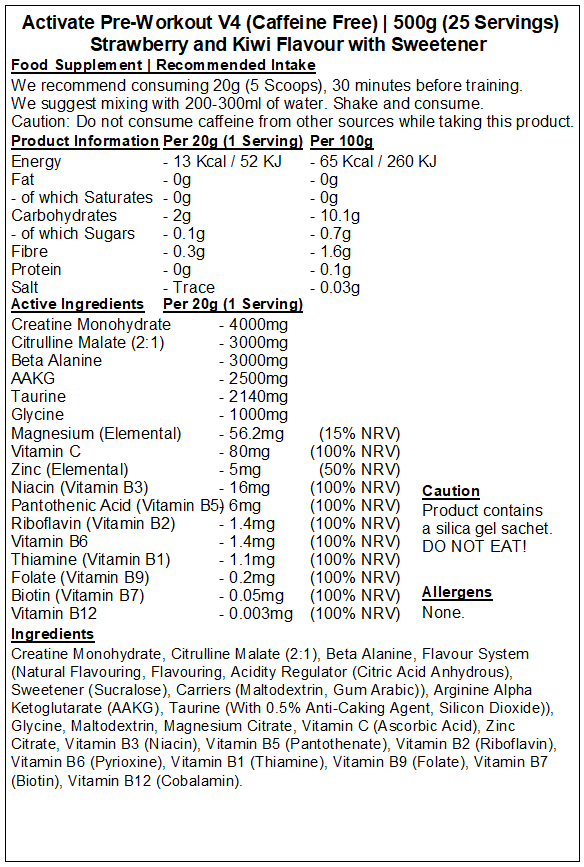 Activate Pre Workout v4 (Caffeine & Stimulant Free)