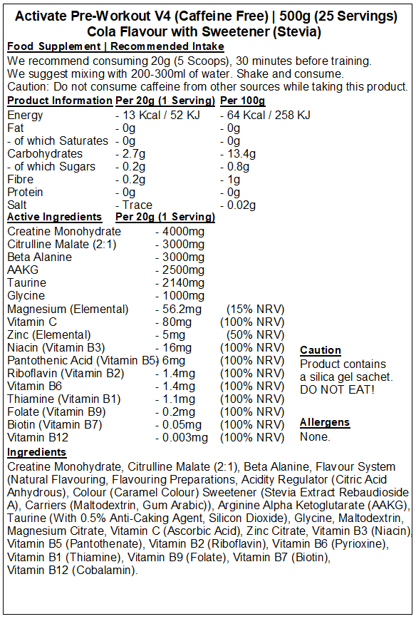 Activate Pre Workout v4 (Caffeine & Stimulant Free)