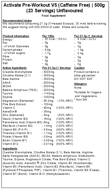 Activate Pre Workout v5 (Caffeine & Stimulant Free)