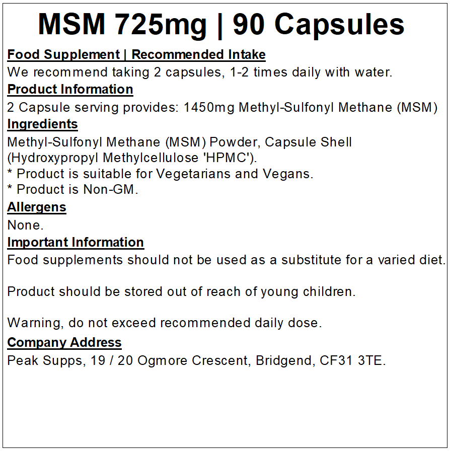 MSM Capsules 725mg (Pure)