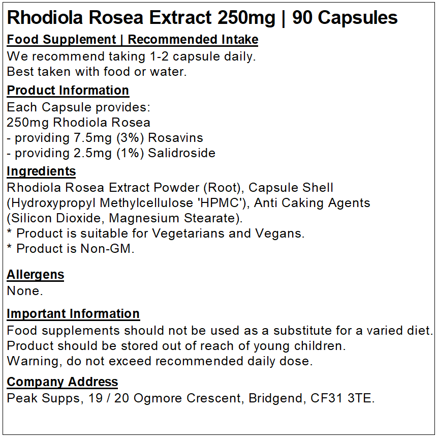 Rhodiola Rosea Extract 250mg Capsules (Pure) 3% Rosavins 1% Salidroside