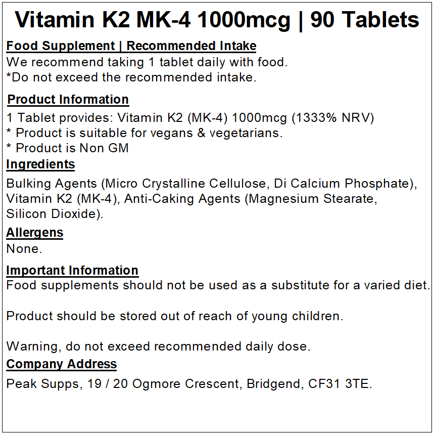 Vitamin K2 MK-4 Tablets 1000mcg