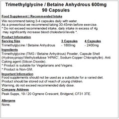 Betaine Anhydrous 600mg / Trimethylglycine (TMG) Capsules