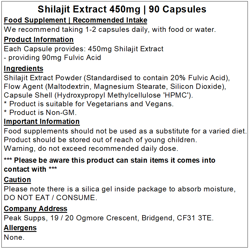 Shilajit 450mg Extract Capsules (20% Fulvic Acid)