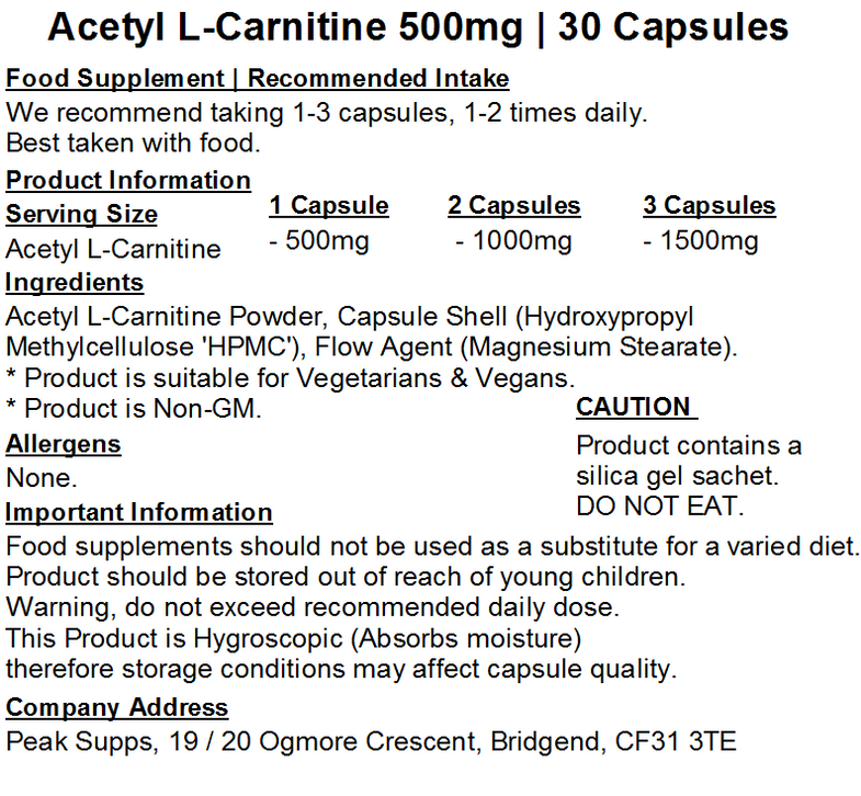 L-Carnitine Supplements | Acetyl | Peak Supps | UK Supplements