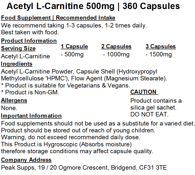 Acetyl L-Carnitine 500mg Capsules