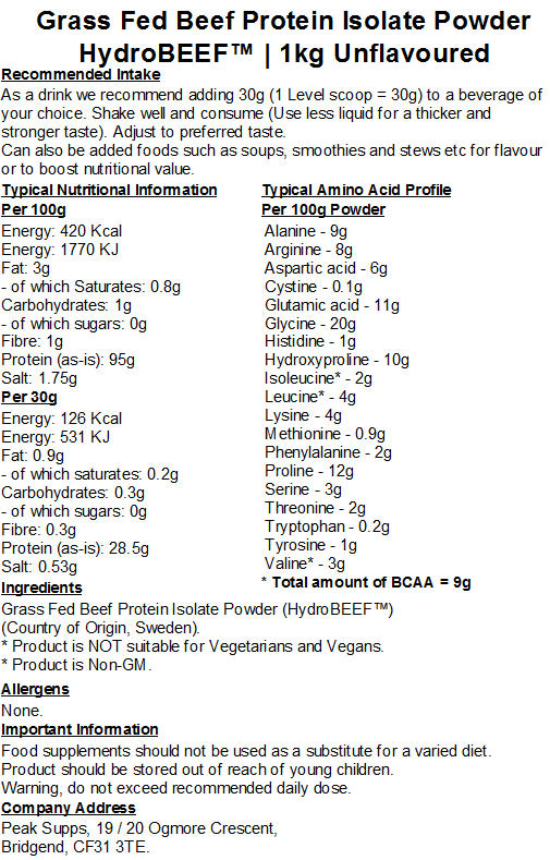 Grass Fed Hydrolysed Beef Protein Isolate 95% - HydroBEEF™