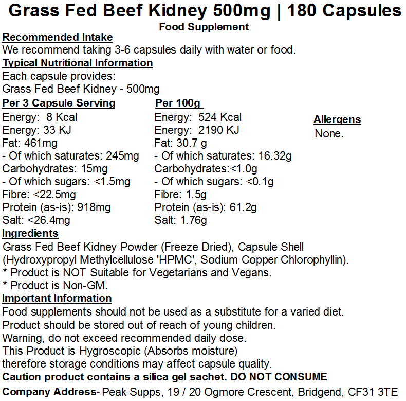 Grass Fed Beef Kidney 500mg Capsules