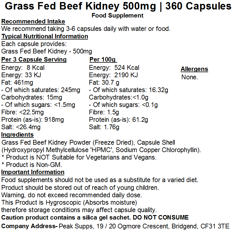 Grass Fed Beef Kidney 500mg Capsules