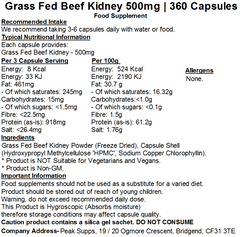 Grass Fed Beef Kidney 500mg Capsules