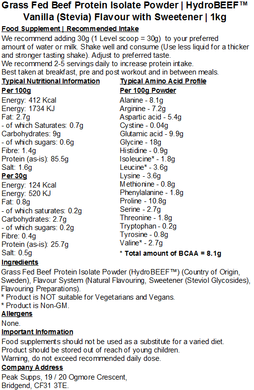 Grass Fed Hydrolysed Beef Protein Isolate 95% - HydroBEEF™