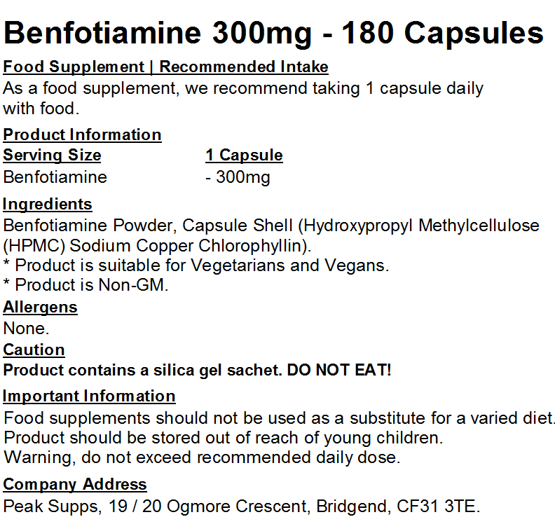 Benfotiamine 300mg Capsules (Pure)