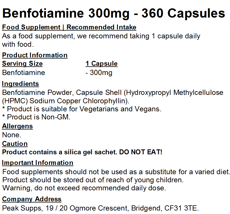 Benfotiamine 300mg Capsules (Pure)