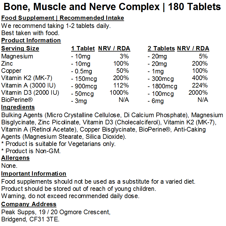Bone, Muscle & Nerve Complex – Magnesium, Vit A, D3, K2, Zinc, Copper, Bioperine
