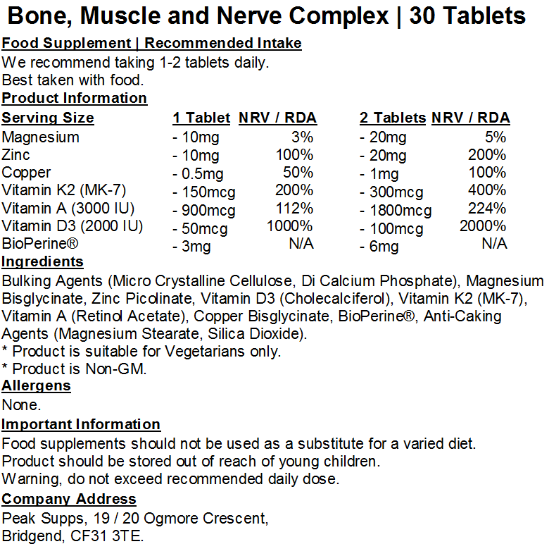 Bone, Muscle & Nerve Complex – Magnesium, Vit A, D3, K2, Zinc, Copper, Bioperine