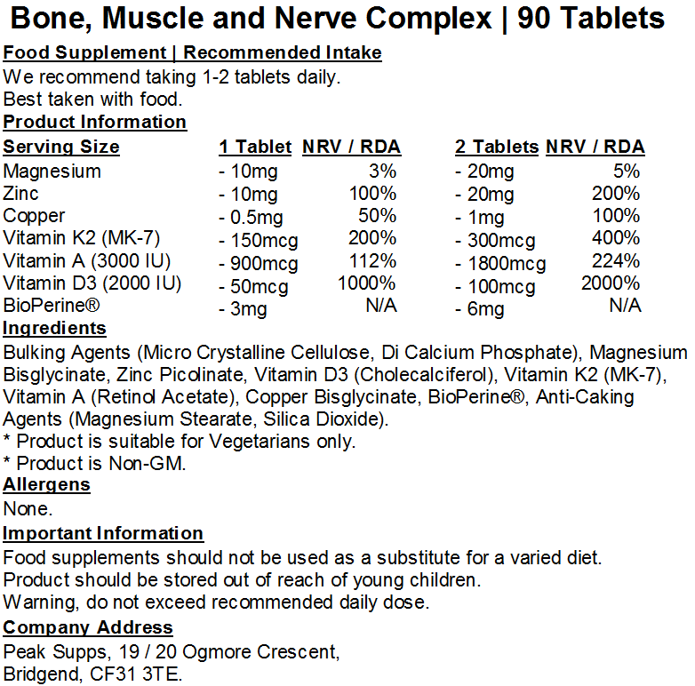 Bone, Muscle & Nerve Complex – Magnesium, Vit A, D3, K2, Zinc, Copper, Bioperine