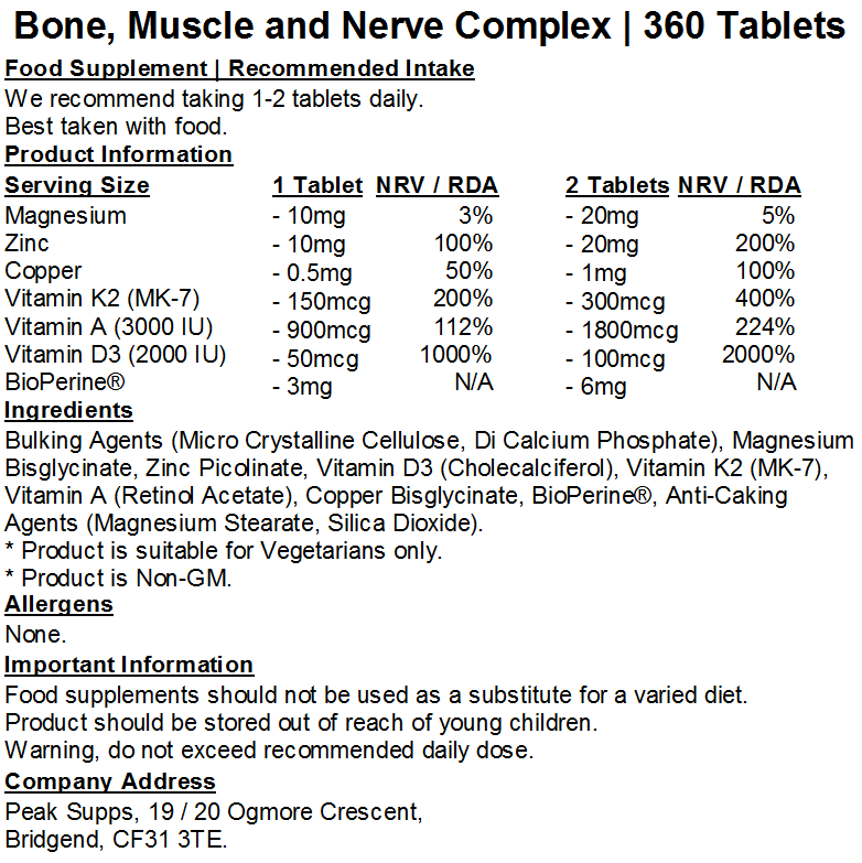 Bone, Muscle & Nerve Complex – Magnesium, Vit A, D3, K2, Zinc, Copper, Bioperine