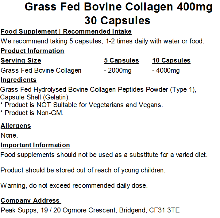 Grass Fed Bovine Collagen (Type 1) 400mg Capsules (Pure)