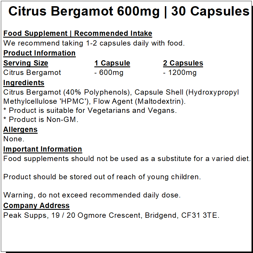 Citrus Bergamot extract 600mg Capsules (40% Polyphenols)