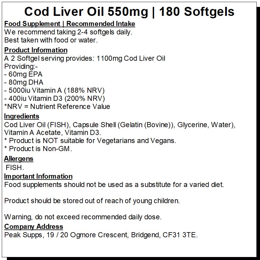 Cod Liver Oil 550mg with Vitamin A & D3 Softgels