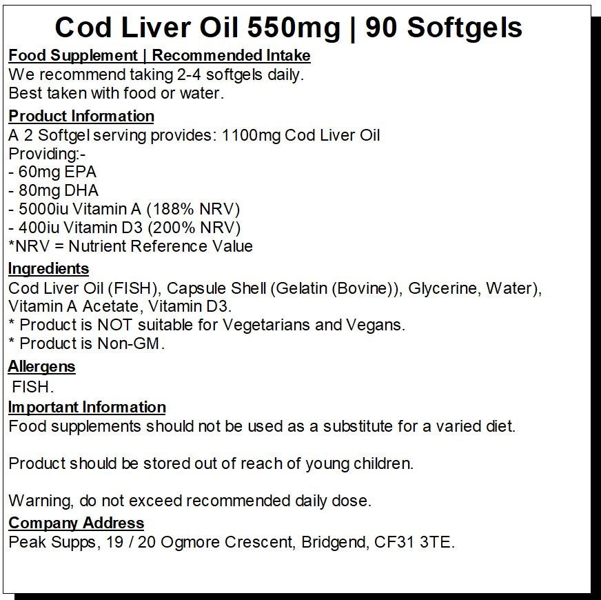 Cod Liver Oil 550mg with Vitamin A & D3 Softgels