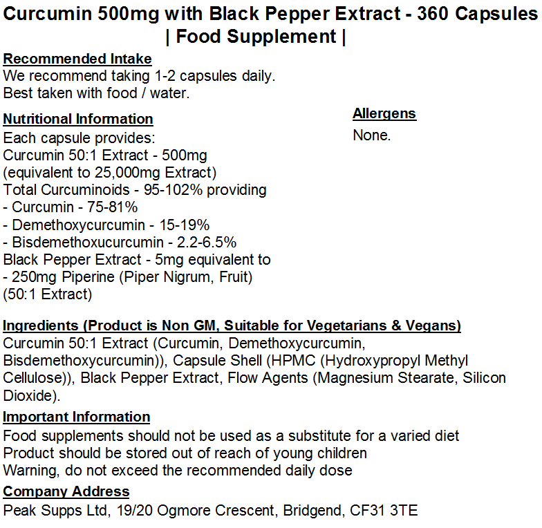 Curcumin 500mg with Black Pepper Extract Capsules