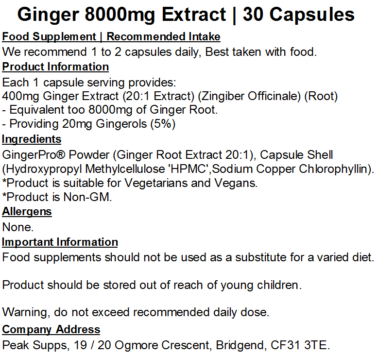 Ginger 8000mg Extract Capsules (Gingerols & Shoaguls)