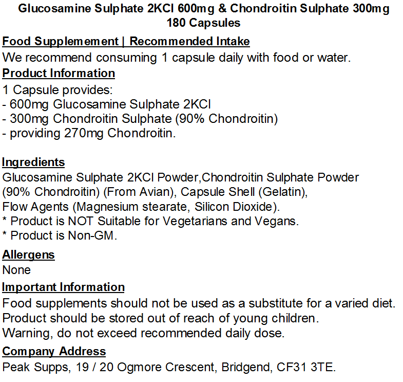 Glucosamine Sulphate 2KCl 600mg and Chondroitin Sulphate 300mg Capsules