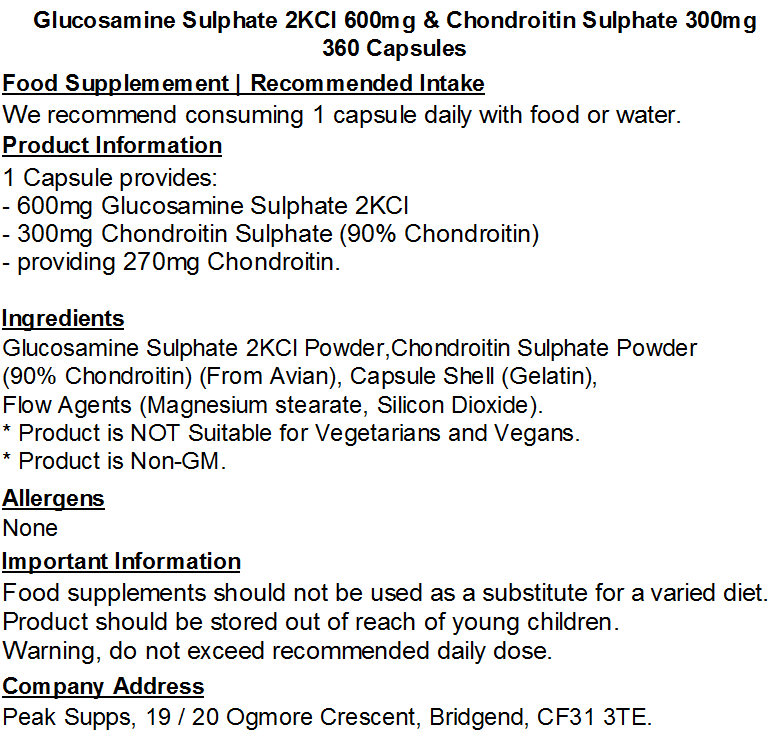 Glucosamine Sulphate 2KCl 600mg and Chondroitin Sulphate 300mg Capsules