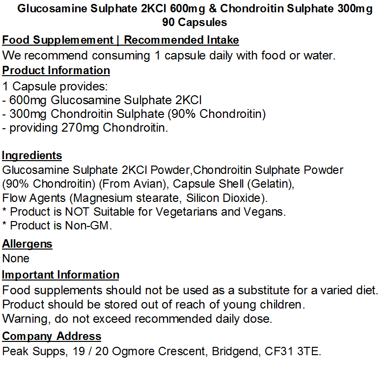 Glucosamine Sulphate 2KCl 600mg and Chondroitin Sulphate 300mg Capsules