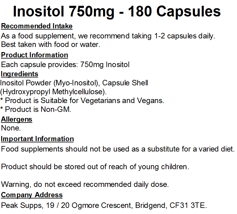 Inositol 750mg Capsules (Pure) (Myo-Inositol)