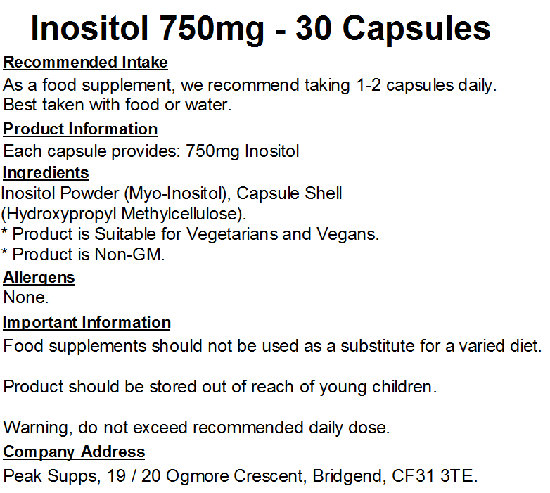 Inositol 750mg Capsules (Pure) (Myo-Inositol)