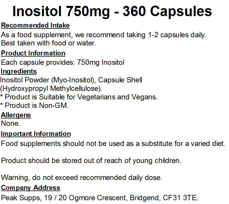 Inositol 750mg Capsules (Pure) (Myo-Inositol)