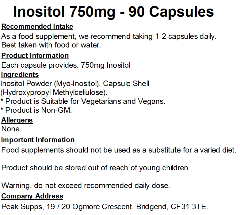 Inositol 750mg Capsules (Pure) (Myo-Inositol)