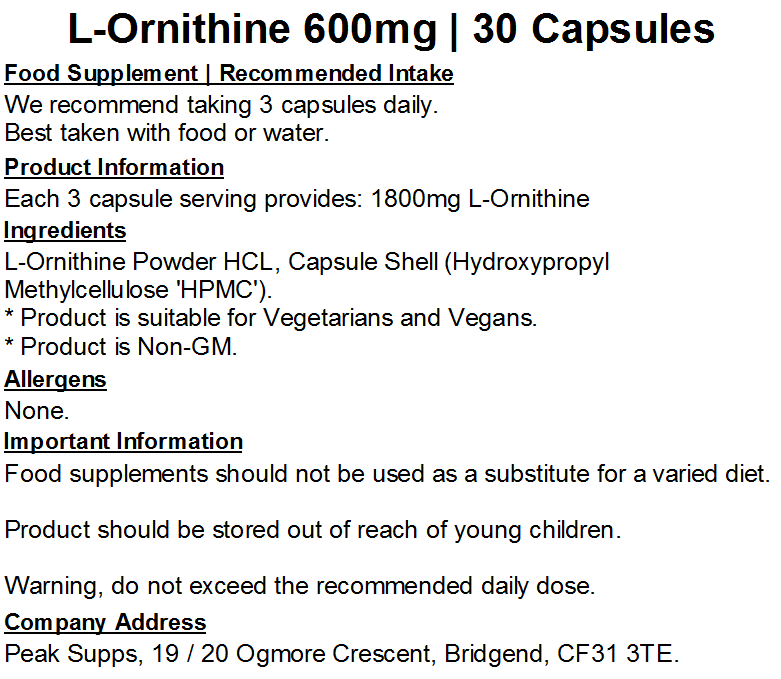 L-Ornithine 600mg Capsules (Pure)