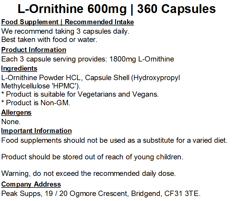 L-Ornithine 600mg Capsules (Pure)