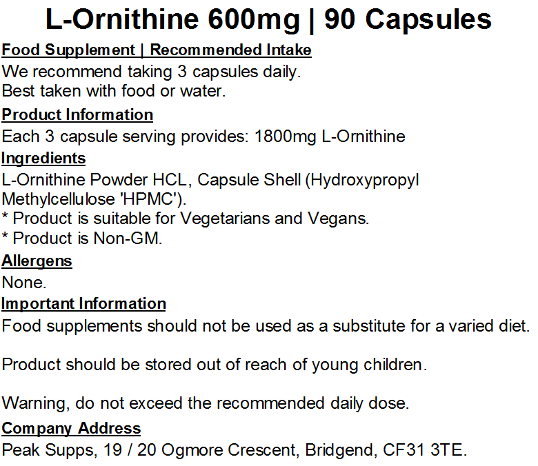 L-Ornithine 600mg Capsules (Pure)