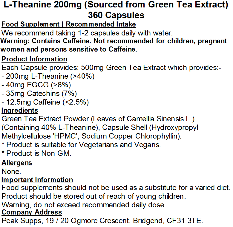 L-Theanine 200mg Capsules (Naturally Sourced from Green Tea Extract)