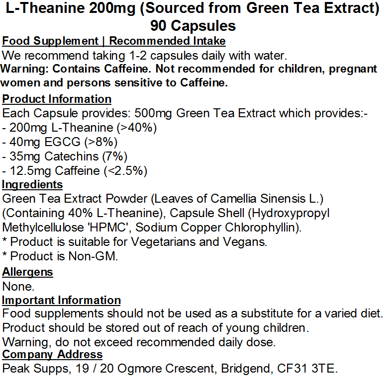 L-Theanine 200mg Capsules (Naturally Sourced from Green Tea Extract)