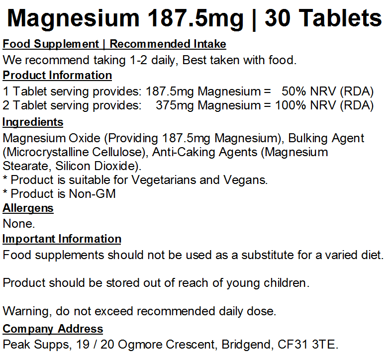 Magnesium Oxide Tablets 187.5mg (MgO)