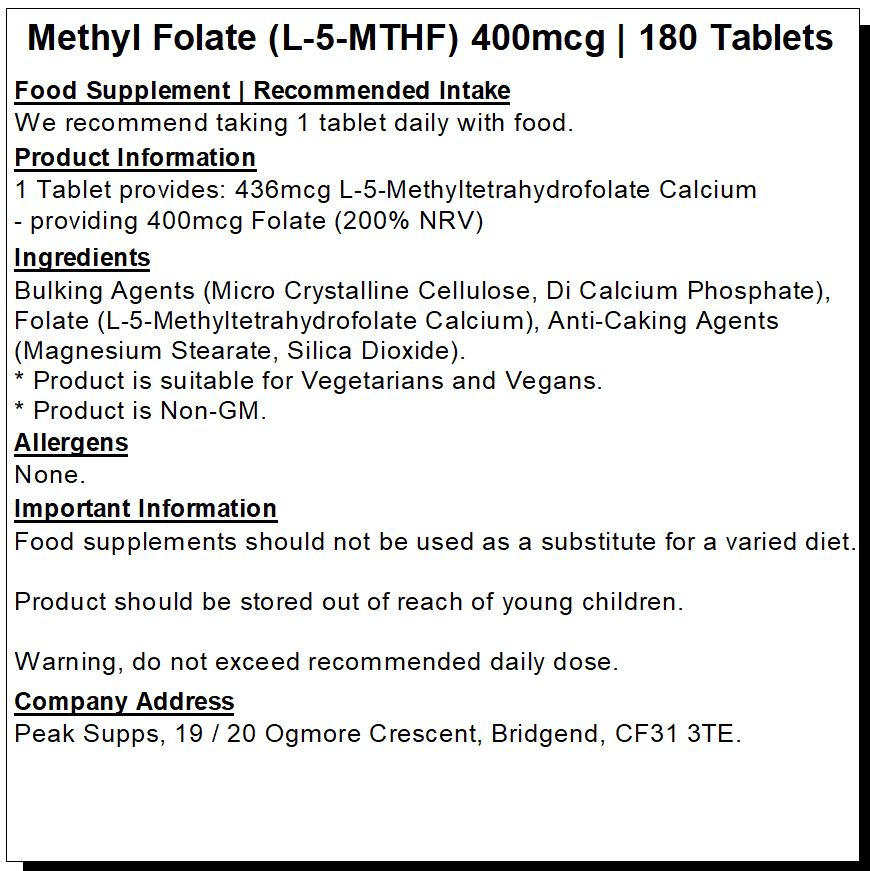 Methyl Folate (L-5-MTHF) Vitamin B9 400mcg Tablets