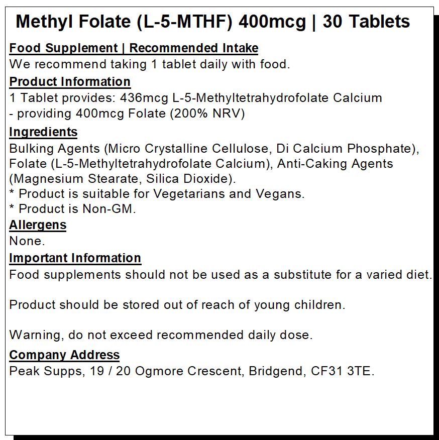 Methyl Folate (L-5-MTHF) Vitamin B9 400mcg Tablets