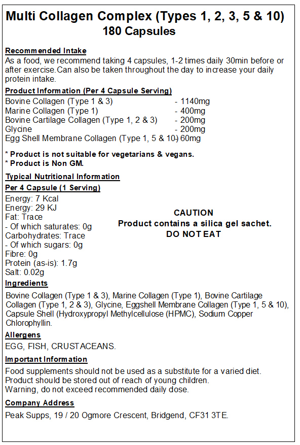 Multi Collagen Complex 500mg Capsules (Types 1,2,3,5 & 10)