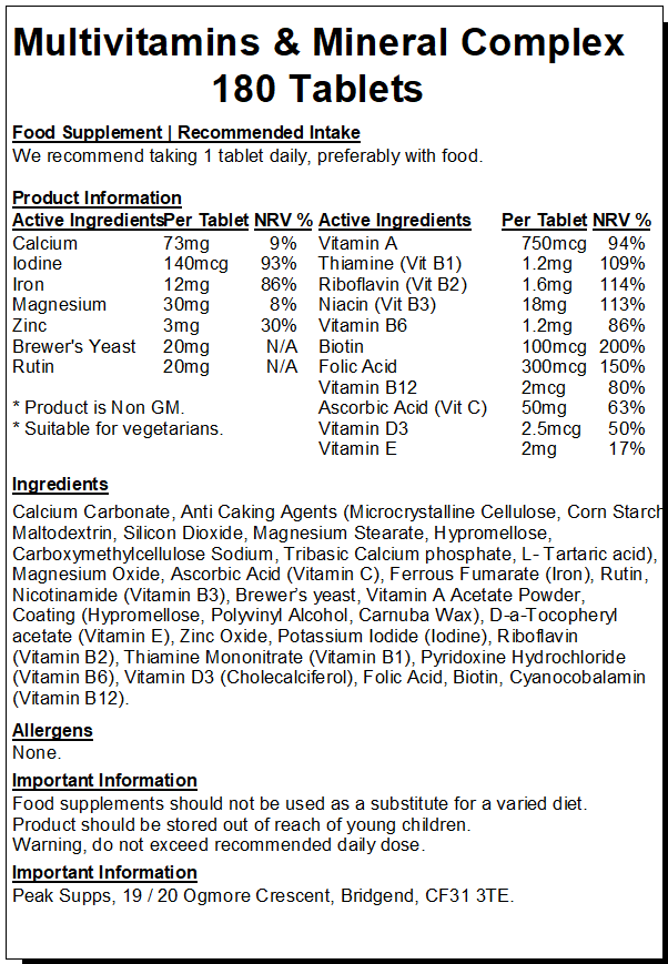 Multivitamin & Mineral Complex Tablets