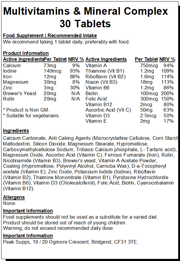 Multivitamin & Mineral Complex Tablets